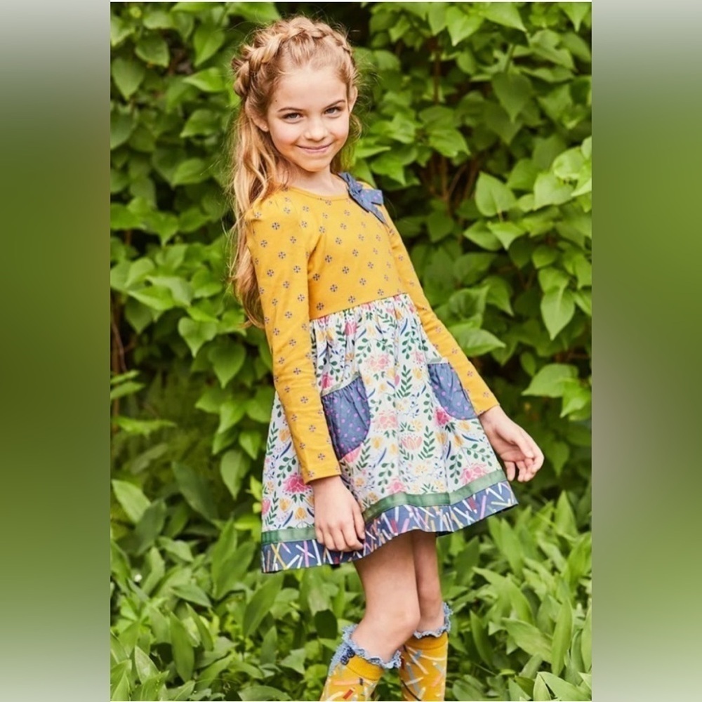Girls' Mustard Floral Long-Sleeve Dress with Blue Pocket Accents
